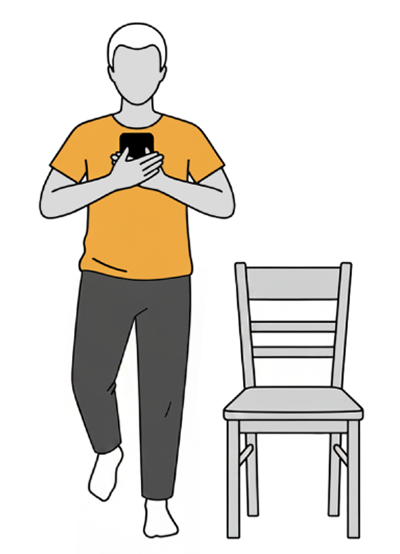 Illustration of a person holding a phone to their chest while standing on one foot, beside a chair for support