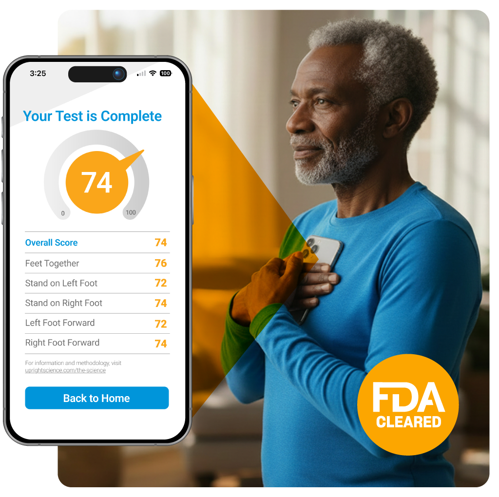Man holding a smartphone to his chest to take a balance test, beside an app screen showing the completed test and an FDA-cleared badge