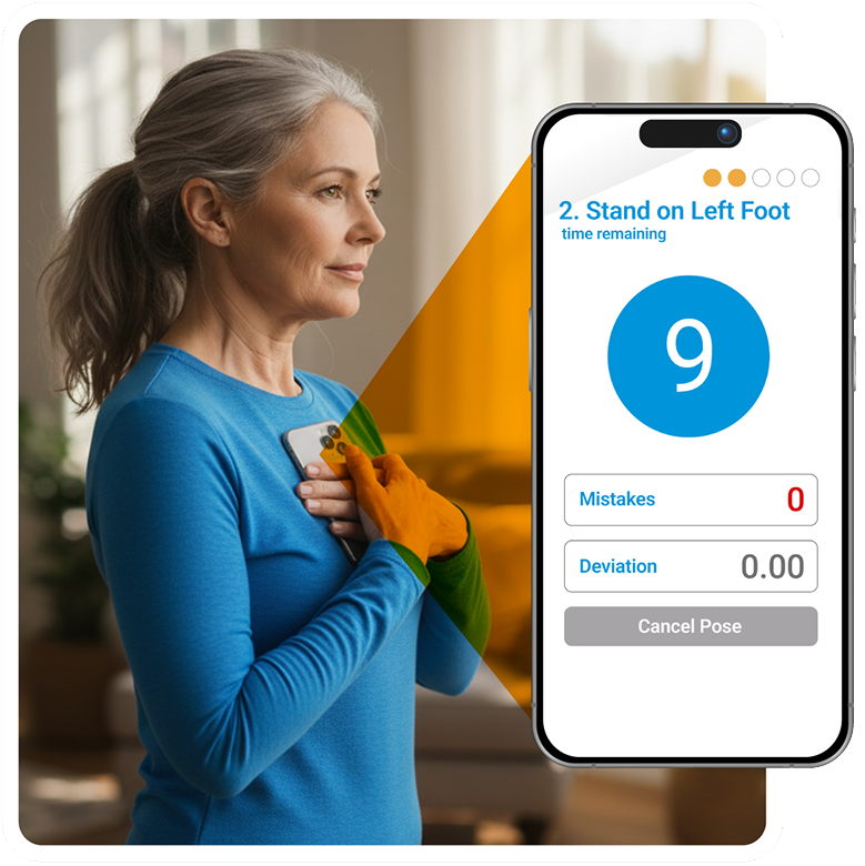 Woman holding her phone against her chest while the StayUpRight! app counts down the time remaining in the stand-on-left-foot pose