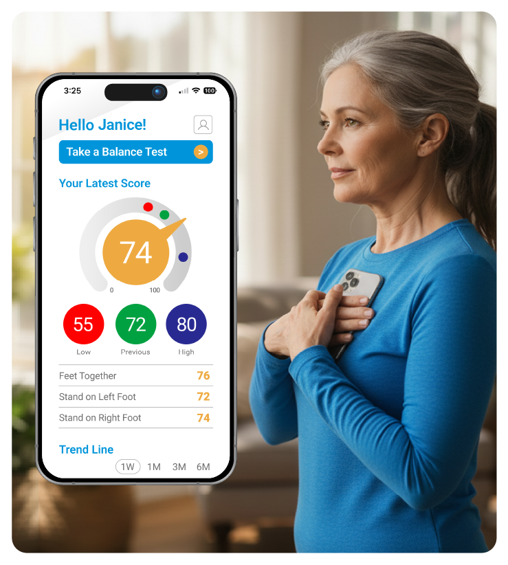 A woman holding a smartphone to her chest, beside the app dashboard showing her latest balance score and the result for each stance