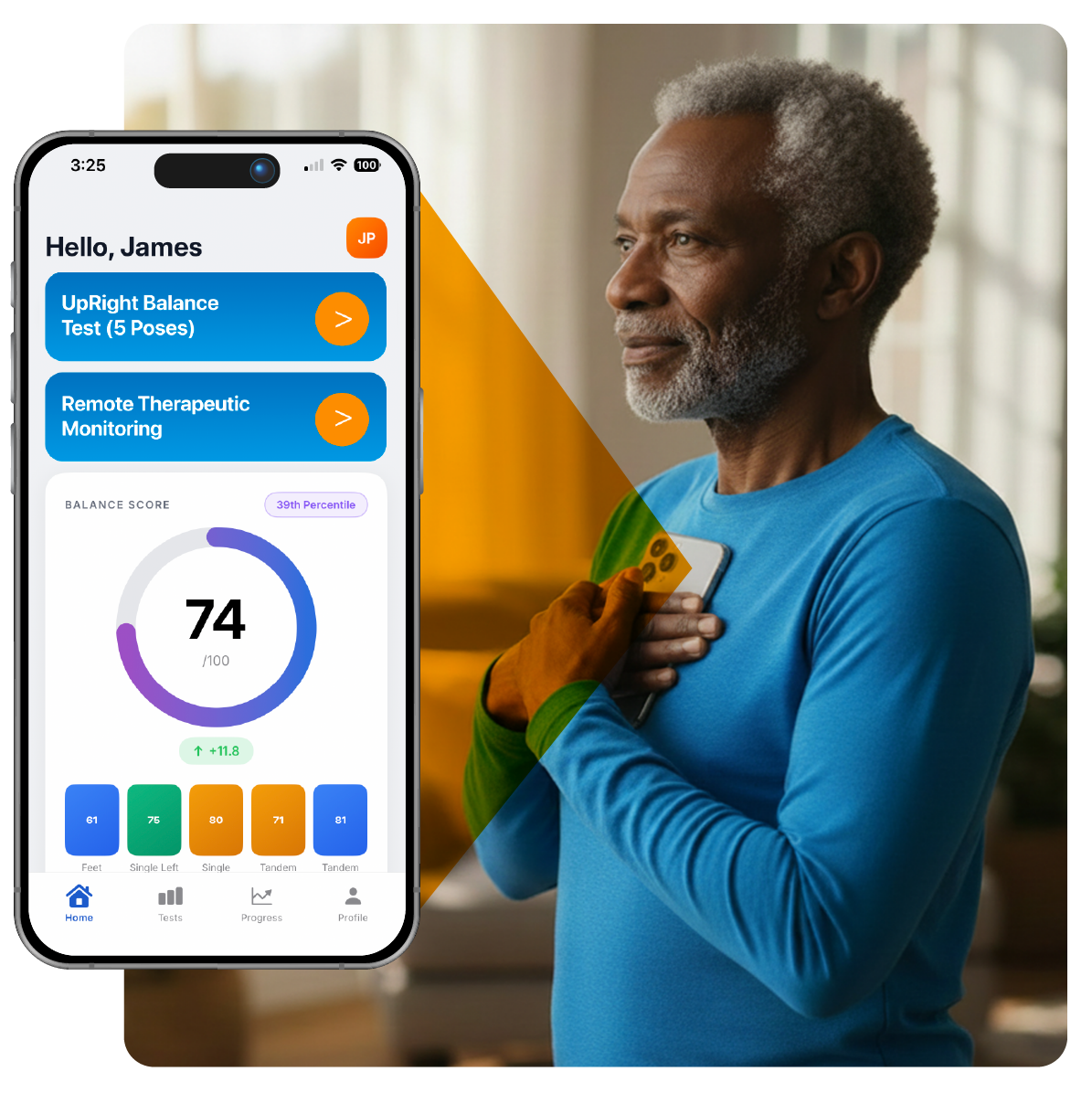 UpRight Science balance app dashboard and patient performing a balance test