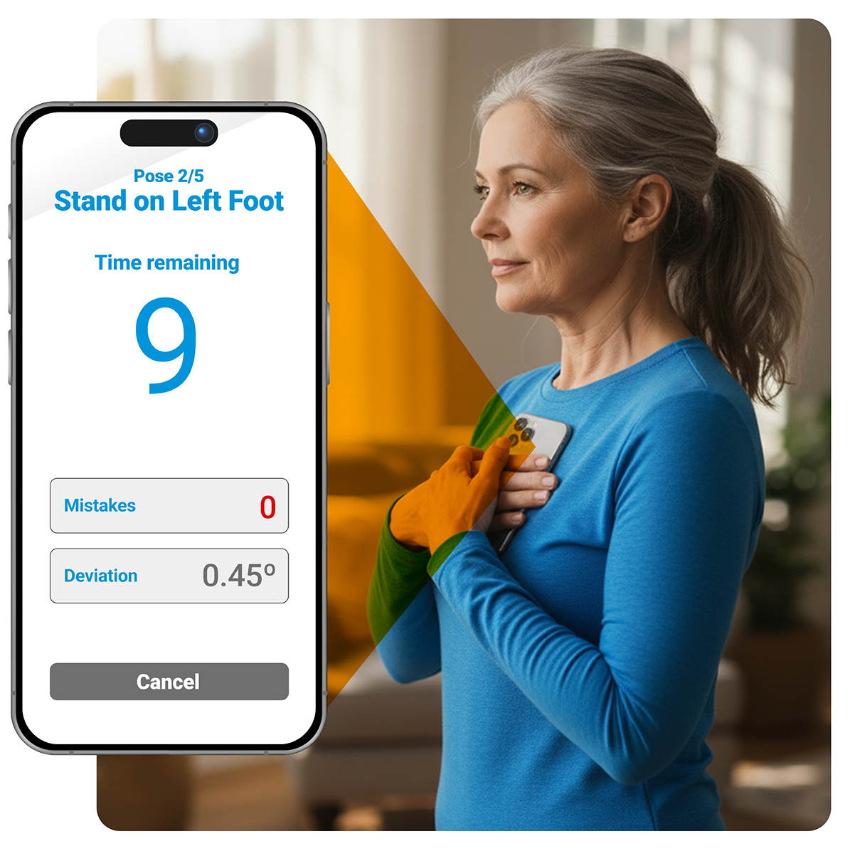 Woman holding phone with StayUpRight! app guiding her through a stand-on-left-foot balance pose